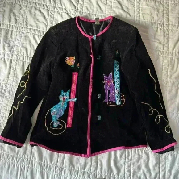 Vintage Daniel k cat embroidered black jacket women’s large boho artsy autumn - Picture 1 of 8